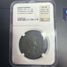 AD 118 Hadrian Roman Empire AE Sestertius RIC 549 NGC CH VF Fine Style Patina!!