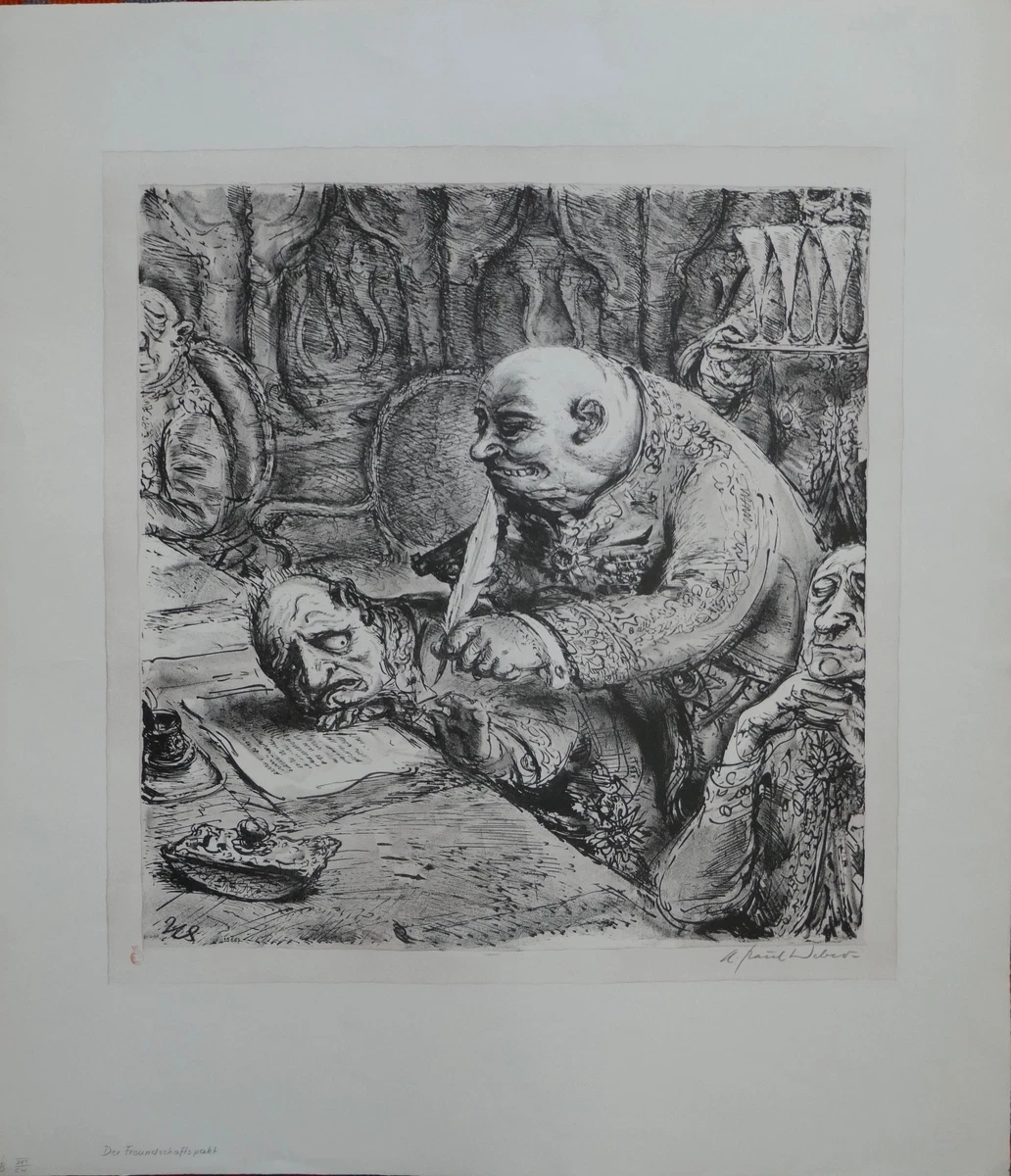 A. Paul Weber, Original Lithographie 1967, signiert, Freundschaftspakt