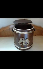 Wood Banded Firkin Bucket Basketville Putney Vermont Hinged Lid With Eagle Stand