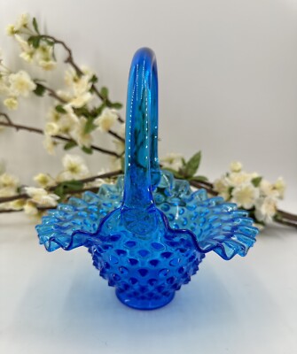 Fenton Blue Glass Hobnail Decorated Basket with Ruffled Collar