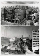 1968 Press Photo Coolsingel buildings during WWII & after re-build in Rotterdam