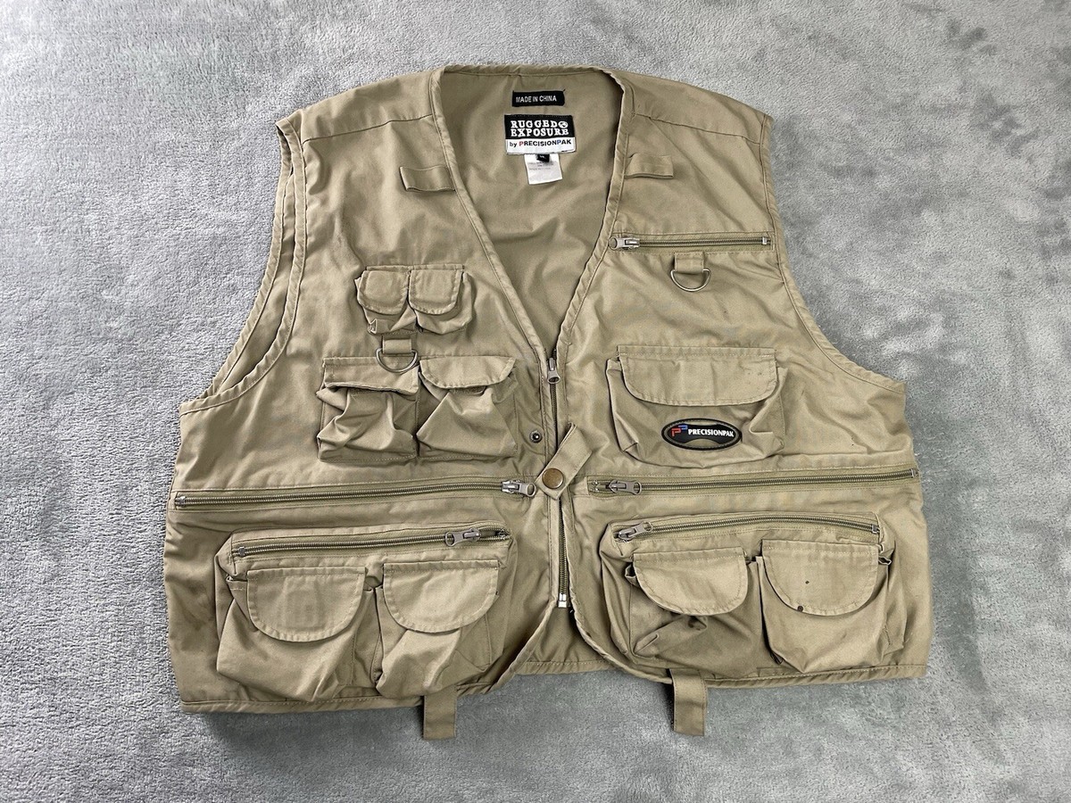 Mens XL Safari Vest Utility Full Zip Cargo Jacket 27 Pockets Khaki