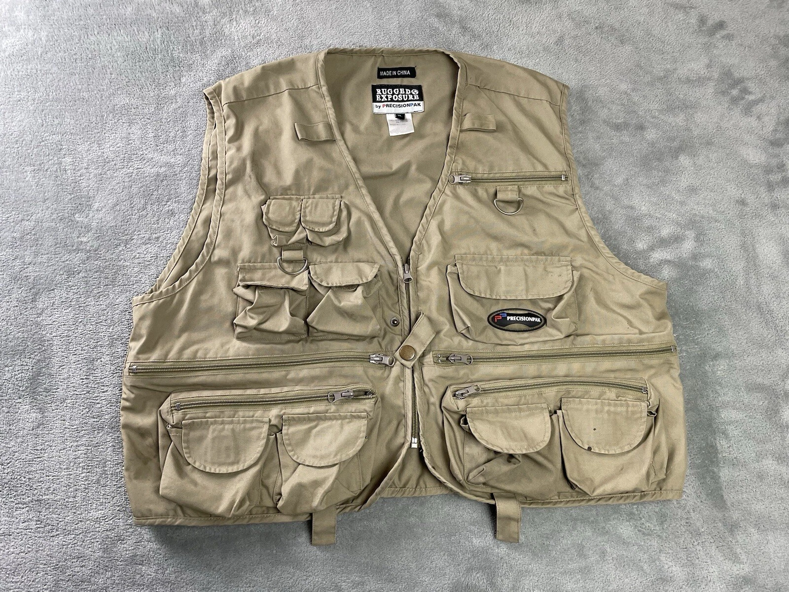 Mens XL Safari Vest Utility Full Zip Cargo Jacket 27 Pockets Khaki Photo •Marks•