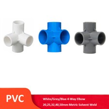 PVC 4-Way Elbow 20mm-50mm Solvent Weld Pressure Pipe Connector White/Grey/Blue