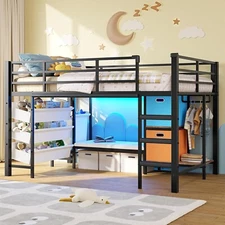 Black Metal Loft Bed Frame Twin Size for Kids with Reading Corner LED Lights
