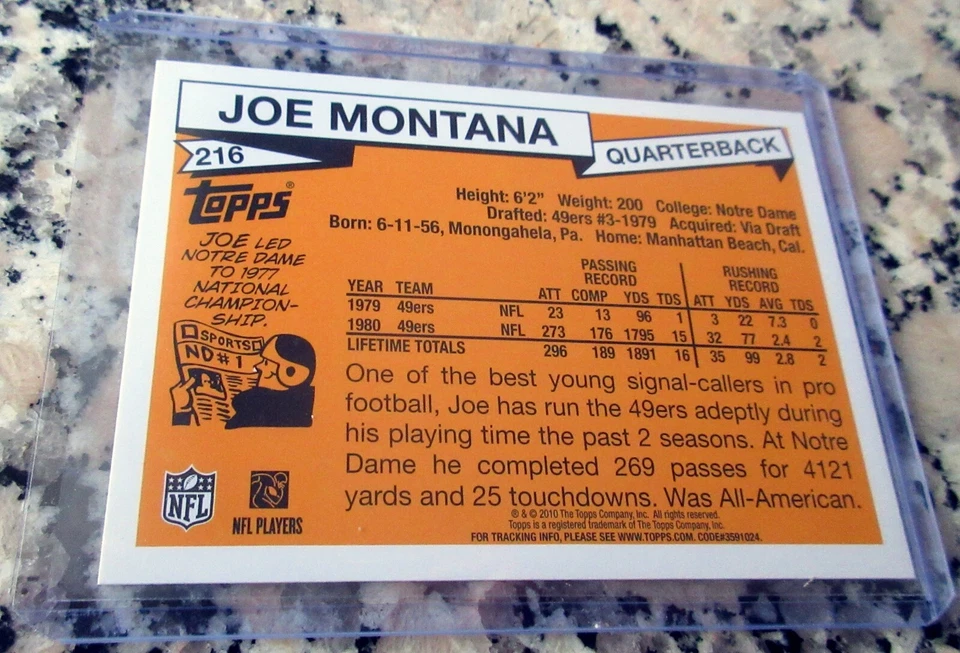 JOE MONTANA 2010 Anniversary Reprint 1981 Topps Rookie Card RC 49ers MVP HOF🔥 - Image 2 of 2