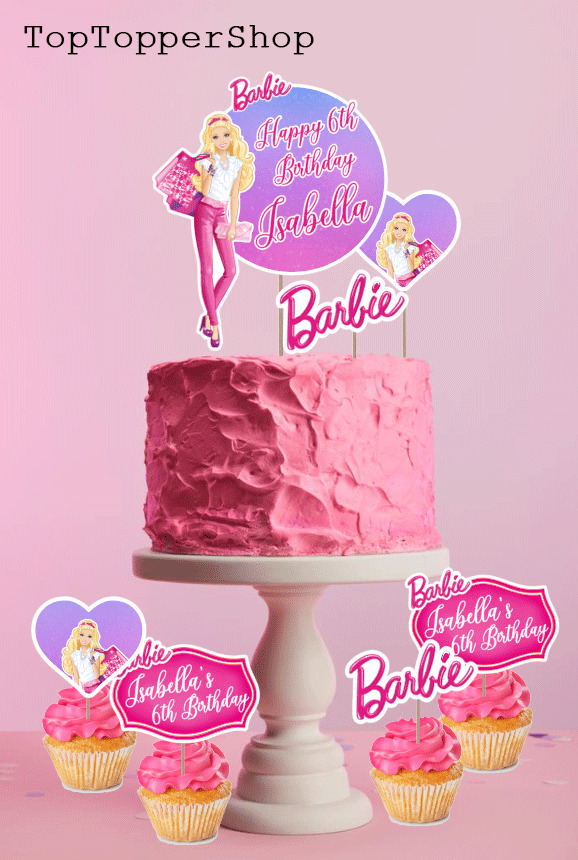 BARBIE PERSONALISED CAKE TOPPER + FREE CUPCAKE PICKS = 7 PIECE DECOR SET