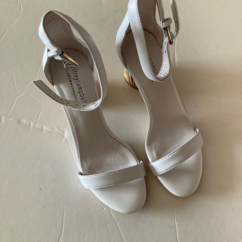 Jeffery Campbell Free People One Strap White Wooden Patterned Heels Sz 6.5 - Picture 5 of 7