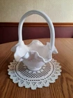 Vtg FENTON 7” Tall White Milk Glass Ruffled Basket w/Handle Basketweave, Marked!