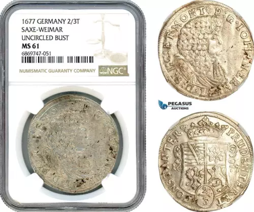 AJ110, Germany, Saxe-Weimar, John Ernest II, 2/3 Taler 1677, Weimar, NGC MS61