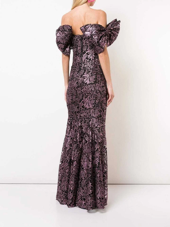 Maxi Vestido ZAC POSEN Rosa Metálico Bordado Guipur Encaje Hombro Descubierto Lazo 6 S Foto 2 de 4