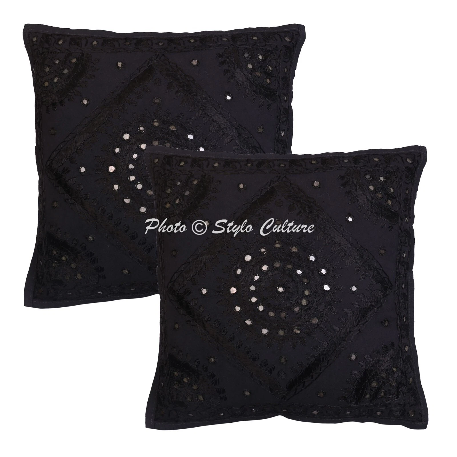Black Cushion Cover Embroidered Gypsy Ethnic Boho Tribal Ethnic Hippie Pillow