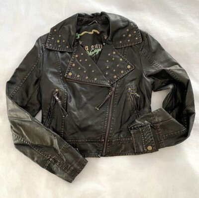 Big Chill Vintage Brand Faux Leather Moto Jacket Black w/ Bronze