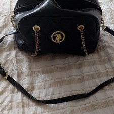 US Polo Assn. Black Quilted Leather Shoulder Bag Gold Chain Zip Detachable