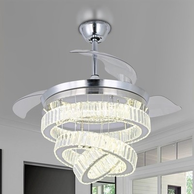 42'' Chrome Crystal Chandelier Ceiling Fan with Lights and Remote, Dimmable Fa...