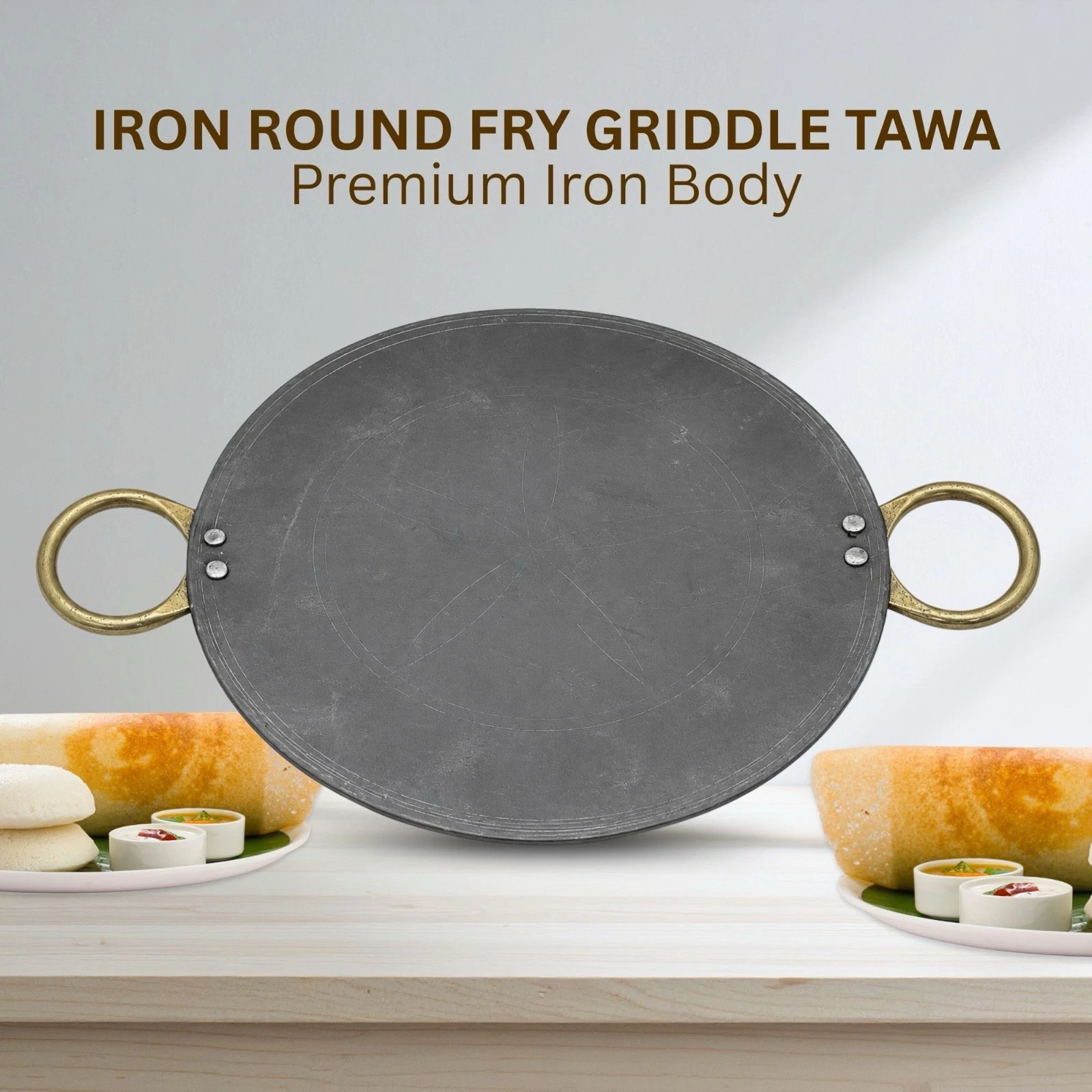 Iron Round Fry Griddle Grill Roti Dosa Tawa Tava with Double Handles