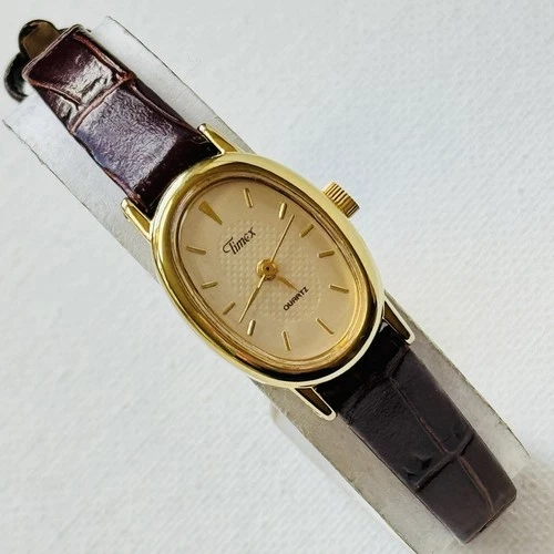 Vintage Timex Cavatina Fancy Dial Women's Oval Watch Gold Brown Leather Band