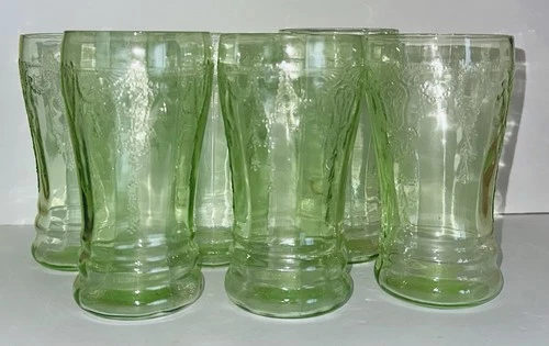 (6) Green Cameo Ballerina Depression Glass 5” Tumblers (11 Oz.)