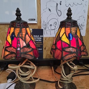Pair Stained Glass Dragonfly Table Lamps, Corded Switch, Antique Bronze