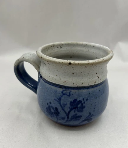 Vintage Blue Floral Speckled Stoneware Cottagecore Art Pottery Mug 10oz Signed