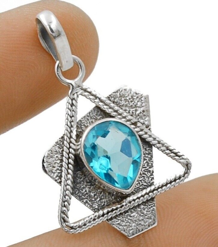 Natural Flawless Blue Topaz 925 Solid Sterling Silver Pendant 1 1/4" Long @9-1