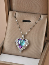 Luxury Crystal Heart Pendant Necklace Women Silver Plated Chain Purple Blue Gift