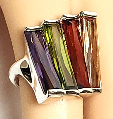 Multi Color Glass Rainbow Rhodium Over Sterling Silver Asymmetrical Ring 6.75