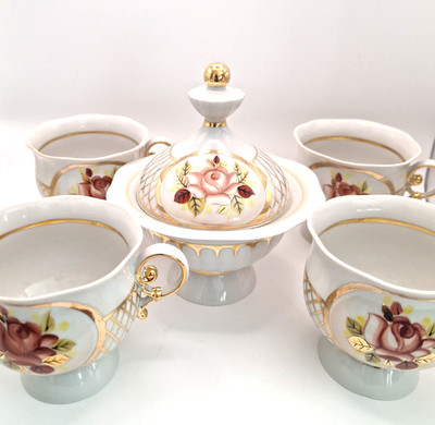 Vintage Poltava USSR Porcelain 4 Footed Cups Lidded Sugar Bowl Rose Gold Regency