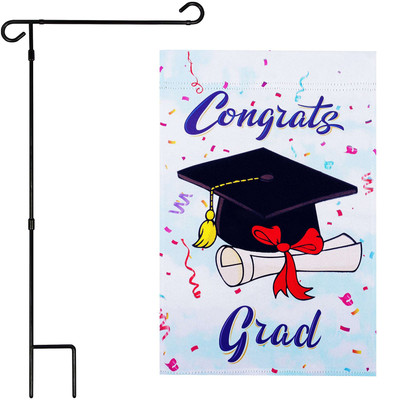 Combo Flag Stand 36x16IN & Garden Flag Happy Graduation Congrats Double Sided