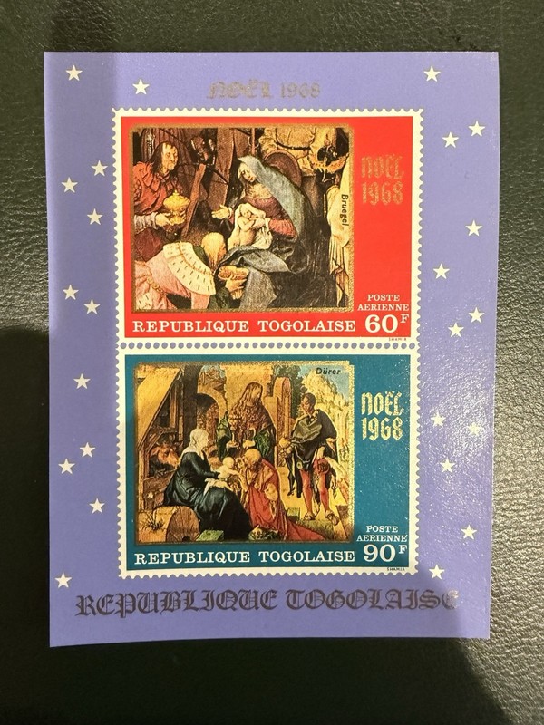 Togo Stamps Souvenir Sheet of 2 Stamps 1968 Christmas Paintings Issue. MNH OG