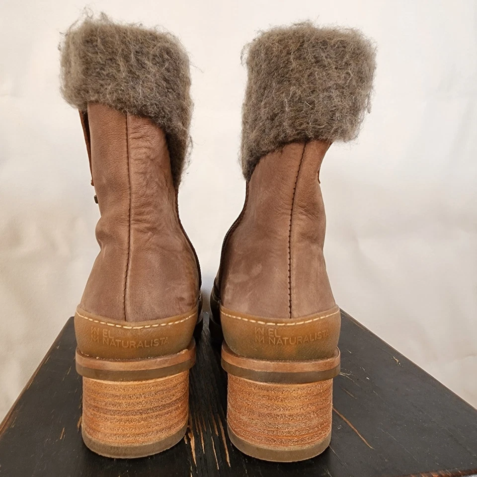 El Naturalista Brown Leather Heeled Ankle Boots Wool Cuff Size 39 EU - Image 4 of 4