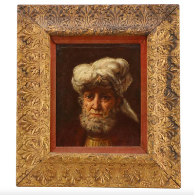 Antique Oil Painting After Rembrandt Man in Turban Portrait Ornate Gilt Frame 21