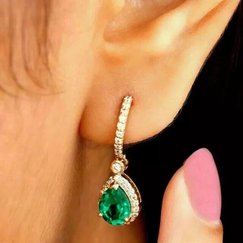 Pendientes colgantes de esmeralda natural corte pera verde enchapados en oro amarillo de 14 quilates - Imagen 5 de 6