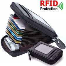 Mens Wallet Leather Card Holder RFID Blocking Zipper Pocket with ID Window Black
