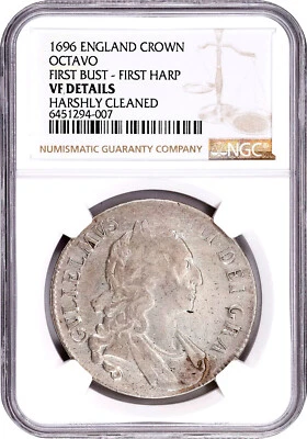 Großbritannien. 1696 Krone, OCTAVO. Wilhelm III. KM-494 NGC Sehr schöne Details - Bild 1 von 4