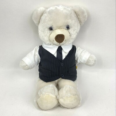 Build A Bear White Teddy Plush Black Vest Tie Shirt BAB Stuffed Animal 15''