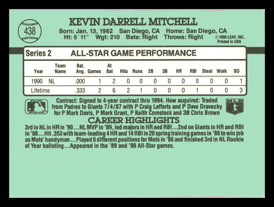 1991 Donruss Kevin Mitchell All-Star San Francisco Giants #438 NM-MINT Junk Wax - Image 2 of 2