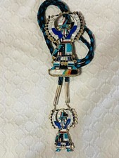 Native American Zuni Eldred Martinez Sterling Lapis KNIFEWING Bolo Tie Set