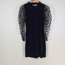 Zara womens pencil dress black sheer sleeves velour bodycon black 066381