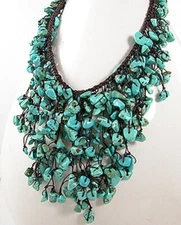 Turquoise Bib Statement Necklace Natural Stones 18"-19" Beauty Handmade Macrame