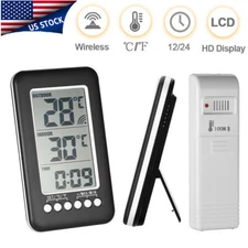Digital LCD Thermometer Clock Wireless Indoor/Outdoor Temperature Meter Gauge
