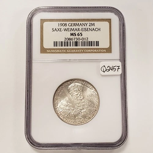 1908 German States Saxe-Weimar-Eisenach 2 Mark .3215 oz ASW - NGC MS 65 - Q2457