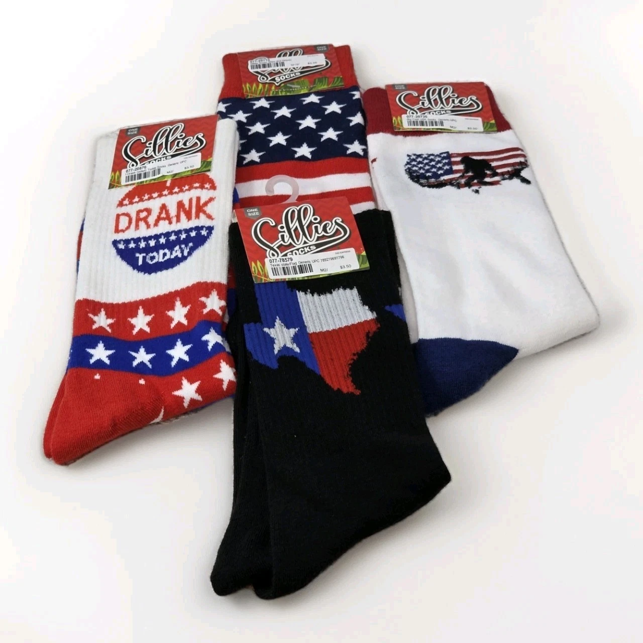 SILLIES SOCKS LOT OF 4 PAIRS NOVELTY PATRIOTIC STARS & STRIPES BIG FOOT...NWT
