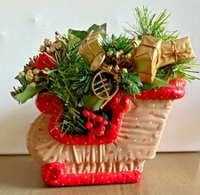 Vintage 80s Santa's Sleigh Planter Christmas Ceramic Centerpiece Faux Greenery