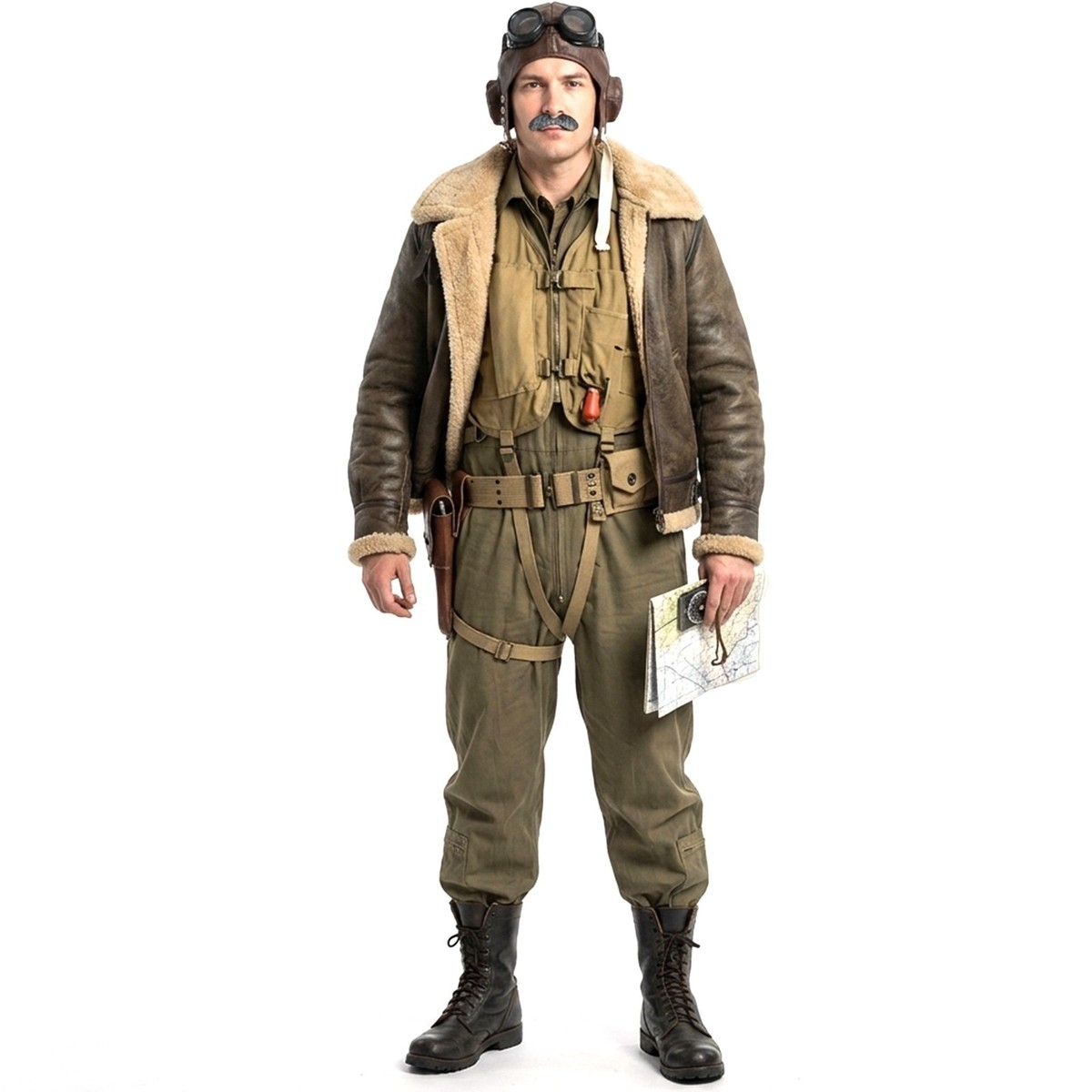 WW2 FLYING HELMET AND GOGGLES 1940'S PILOT HAT AVIATOR FANCY DRESS
