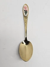 Vintage Gold Tone Souvenir Spoon Pink Carnation Enamel Flower USA 4” Heritage...