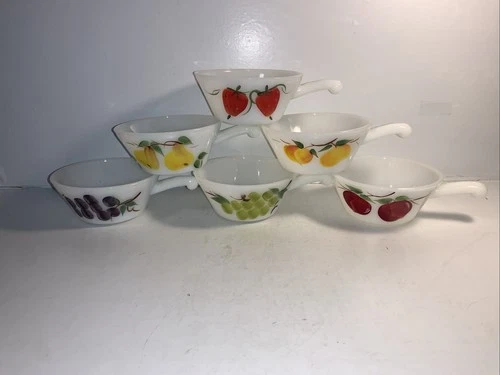 Set of 6  Milk Glass Bowl Soup w/ Handled Gay Fad Fruit Anchor Hocking MCM