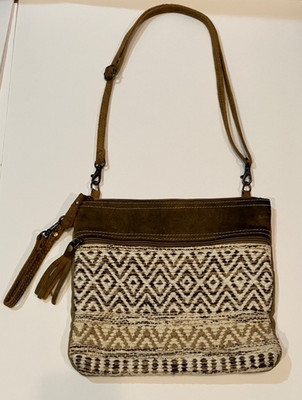 Myra Crossbody Purse Brown Leather Canvas Gray Woven Shoulder Bag Medium
