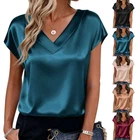 Women Silk Satin Blouse Tops Short Sleeve V Neck Casual T-Shirts Plus Size Soft