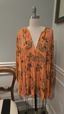 Free People Boho Paisley Floral Tunic, Mini Dress Long Sleev Pumpkin Tone; Sz S